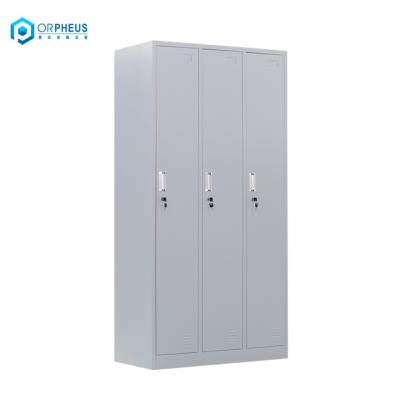 China Gray School Furniture Triple Nests Home Lightweight Metal Clothes Wardrobe Cabinet 3 Doors Steel Cabinet Locker for sale