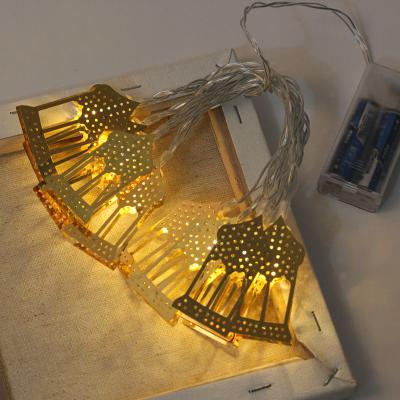 China Golden Eid Lantern LED Battery Box Light Solar String Light Ramadan Lights Iron Castle Decoration Lamp for sale