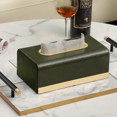 China MAVOBO Retro Light Luxury Style Decor Hotel Restaurant Metal Tissue Napkin Box Lid Holder With Brass Buckle Leather Tissue Box for sale