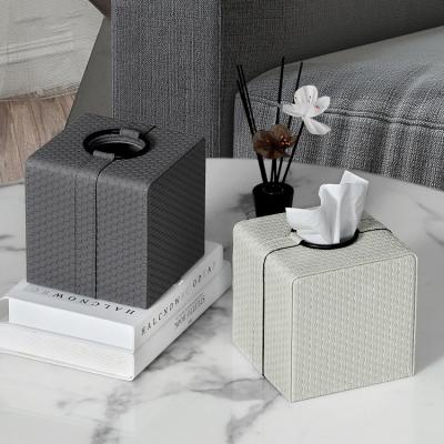 China Nordic Handmade Decorative Tissue Box Leather Tissue Box Home Use MAVOBO Style Weave Tissue Box Leather Square Tissue Box Lid Holder for sale