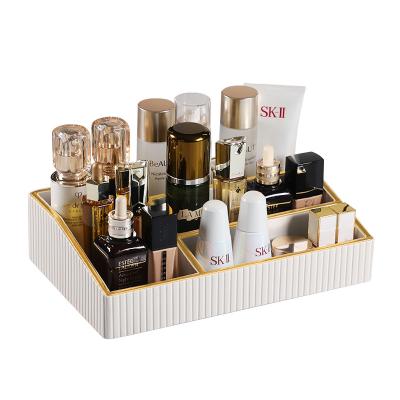 China Viable Brushes and Cosmetic Display Cases Leather Makeup Organizer Skin Care Products Storage 5 Spaces Leather Vanity Organizer for sale