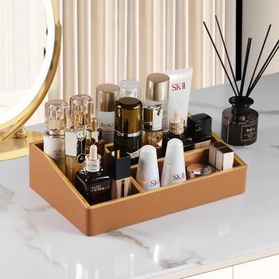 China Viable Makeup Storage Basket Bins with Dividers for Women Cosmetics Showcase Leather Skincare Multifunctional Desktop Organizers for sale