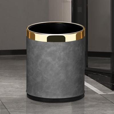 China Hotel Viable Guest Room Commercial Use Leather Suface With Metal Edge Trash Can Household No Lid Double Layer Black Trash Bin for sale