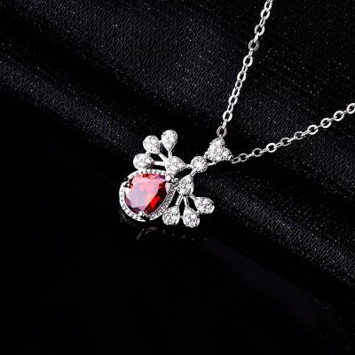 China The Other Woman 2021 Red Ruby Pendant Jewelry Luxury Necklace Colorful Ppeacock Flower Pendant Water Drop Zirconia Necklace for sale