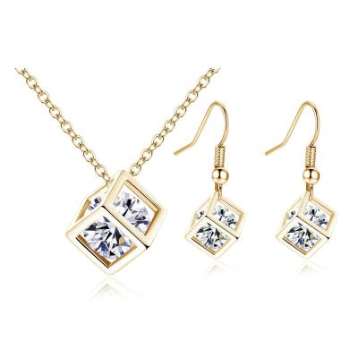 China CZ Crystal Jewelry Set Fashionable Cube Crystal Jewelry Set Fashion Magic Cube Pendant Necklace Zircon Gold Plated In Place Dangle Earrings Jewelry Set For Women for sale