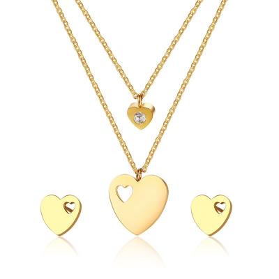 China Delicate Pretty Gold Plated Heart CZ Crystal Necklace Earrings Stainless Steel Zircon Stud Earrings Fashion Jewelry Set Gift For Women for sale