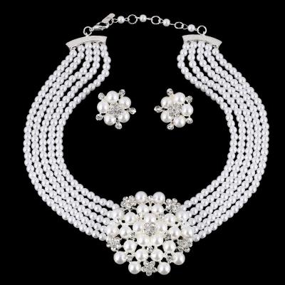 China Fantastic Luxury Pearl Necklace Jewelry Set Wedding Matching Crystal Zircon Floral Stud Earrings Fashion Bridal Earrings For Women for sale