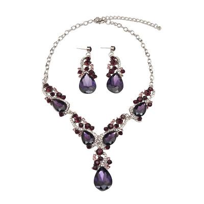 China Crystal Jewelry Set Fashionable Evening Party Purple CZ Crystal Water Drop Earrings Luxury Crystal Zircon Necklace Earrings Jewelry Elegant Set For Women for sale