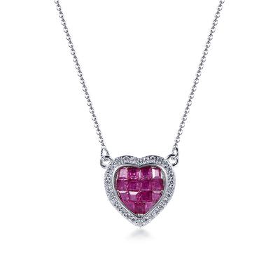 China Trendy Popular Invisible Design Zircon Silver Ruby Diamond Heart Shaped Pendant Necklace for sale