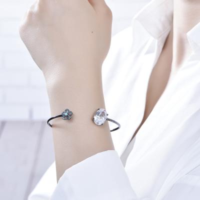 China Online Hot Selling 925 Silver Zirconia Flower Open Bangle Bracelet Lead Free Nickel Free Charm For Women for sale