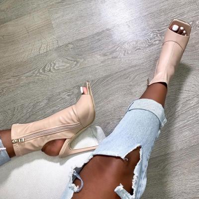 China GIRL XH2802 2021 fashion trend new fashion high heel peep toe modern classic stretch fabric short ankle boots BUSY square heel thin zipper for sale