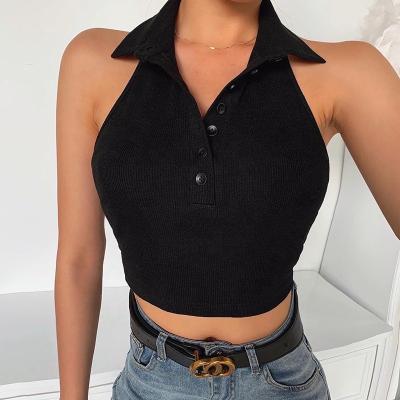 China QUICK DRY Summer Vacation Tops Crop Women Tank Top Halter Top Buttons V Neck Ribbed Sleeveless Vest Slim Crop Tops for sale