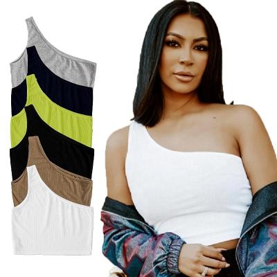 China 2021 Summer Breathable Tank Crop Tops T Shirt Custom Women Plus Size Crop Top Sexy White Women Cotton One Shoulder Tank Top for sale