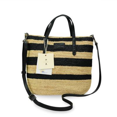 China 100% Eco-Friendly Fashion Striped Straw Tote Raffia Striped Shoulder Bags With Snap Closure for sale