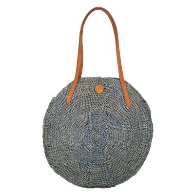 China Fashion Round Straw Raffia Tote Bag With Leather Bracelets Handmade Crocheted Raffia Straw Tote Bag for sale