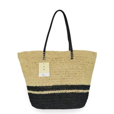 China Fashion Straw Raffia Beach Tote Bag With Black Leather Handles Raffia Straw From Madagascar for sale