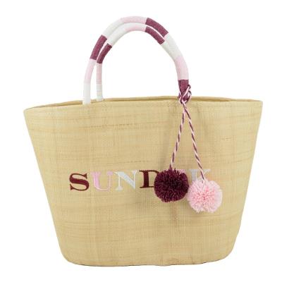 China Other Straw Embroidery Stripe Straw Handles Raffia Shopping Bags with Pom Poms for sale