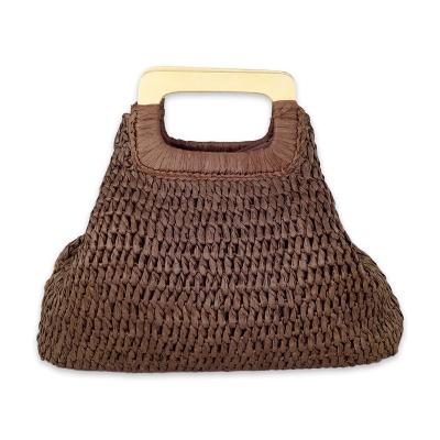 China Fashion Handmade Straw Handbag 100% Wooden Handle Straw Tote Bag Straw Bag for sale