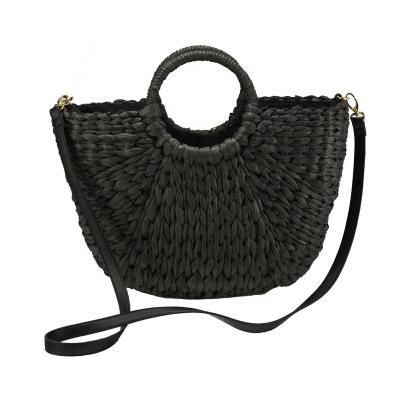 China Fashion 100% PU Leather Strap Paper Straw Handbag Straw Tote Bag Straw Handmade Bag For Summer for sale