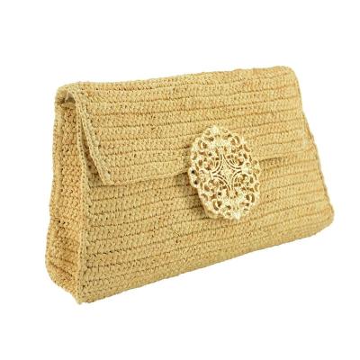 China New design high quality metal ring balanced raffia straw handmade crochet natural clutch for summer for sale