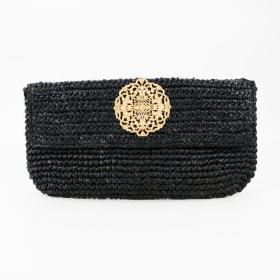 China Handmade Crochet Black Raffia Straw Clutch Clutch With Cotton Lining for sale