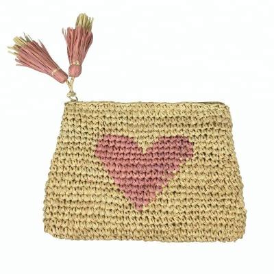 China Clutch Heart Embroidery Raffia Straw Zipper Handmade Small Crochet Pocket for sale