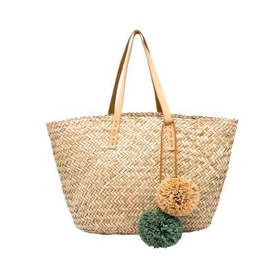 China 100% Eco-Friendly Fashion Embroidery Sea Grass Straw Tote Bags With Front Poms Large Pom Pom Straw Tote Bag for sale