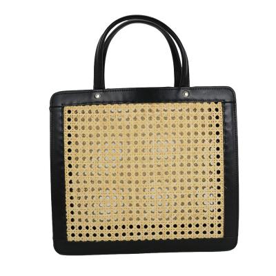 China Casual Straw Rattan Wicker Tote Bag With Real Leather Summer Beach Tote Bag for sale