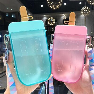 China Cute Creative Sustainable Kawaii Ice Cream BPA Free Plastic Popsicle Shaped Water Bottle With Rope And Strap for sale