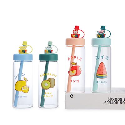 China New Tumbler Viable Glass Water Bottle Promotiaonal Gift Custom Logo High Borosilicate Glass Water Bottle With Cartoon Straw for sale