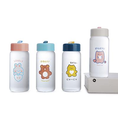 China Wholesale Portable Reusable Borosilicate Glass Reusable Custom Printed Water Bottle Cartoon Viable Mouth With Plastic Lid for sale