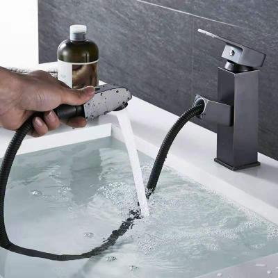 China Pull Down Luxury Model Matte Black Stainless Steel Bathroom Pull Down Cold Double And Single Holes Hot Water Basin Mixer Tap With Spray for sale