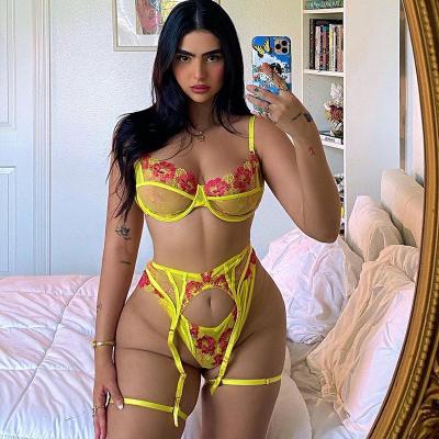 China DLM Sexy Hot Women Yellow Lace Embroidery Bra Set Underwire Lift Up Bra GartersThong 4 Pieces Set Erotic Sexy Mesh Lingerie Set for sale