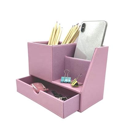 China Organizer Pink Leather Office Stationery Leather Desktop Storage Box With Drawer for sale