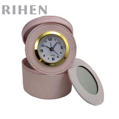 China Antique Style Travel Clock PU Color Folding Leather Pink Jewelry Box With Mirror for sale