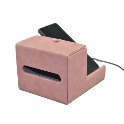 China Luxury Morden PU Leather Tissue Box Luxury Morden Napkin Case with 10W Wireless Charging Station for Restaurant for sale