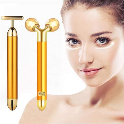 China Portable Home Equipment 24K Gold Beauty Home Use Skin Care Vibrating Lifting Tools Massage Face Roller Facial Massager for sale