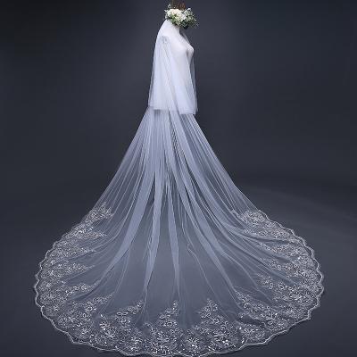 China Popular Exquisite Bridal Veil Fashion 3 Meters Long Net Yarn Net Sequins Lace Up Applique Veil Wholesale Exquisite Bridal Veil for sale