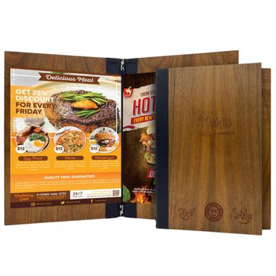 China Restaurant Smooth Booklet Hardcover Wooden Texture Menu With Elastic Strap for sale