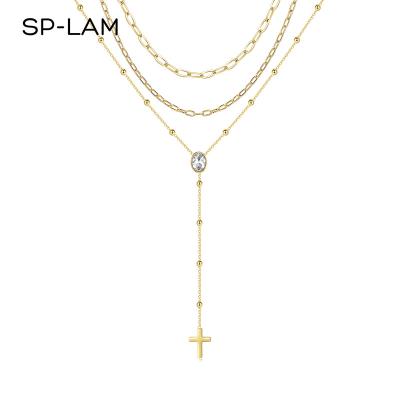 China SP-LAM CLASSIC Stainless Steel Vintage Layered Gold Plated CZ Designer Cross 3 Layer Women Necklace Jewelry for sale