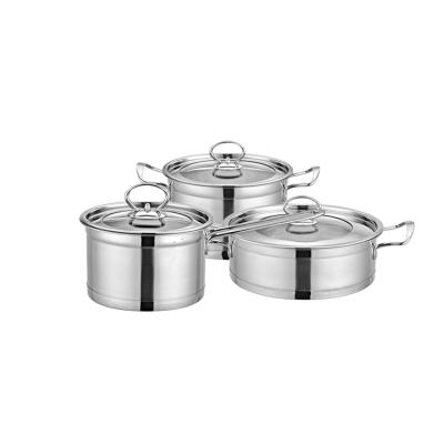 China Sustainable Modern Stock Kitchenware Set Stainless Steel Pot 3 Pcs Soup Pot Cooking Pot Set With Glass Lid for sale