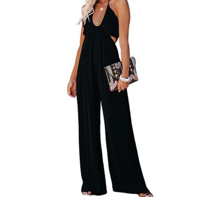 China QUICK DRY Women's Solid Color U-Neck Strap Tie Backless Overalls Overalls Wide Leg One Piece Backless Overalls for sale