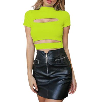 China Anti-pilling OEM Mini Top Black Color Sexy Factory Ladies Dating Solid Color Collar High Cutout Half Punching Sexy Short Sleeve T-shirts for sale