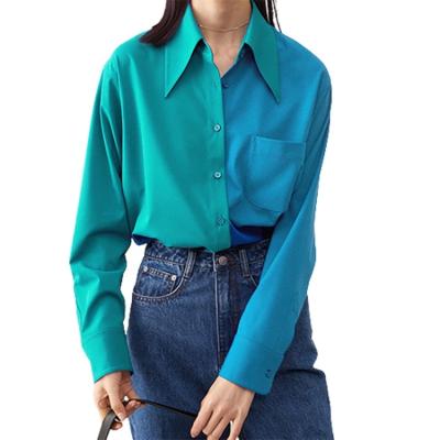 China Wholesale Fashion High Quality Casual Two Color Anti-pilling Quilting Lapel Ladies Loose Long Sleeve Button Blouses for sale