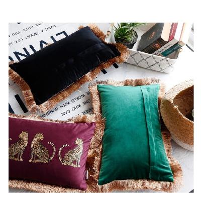 China PORTABLE Luxury High Quality Soft Velvet Leopard Gold Foil Print Lumbar Bohemian Boho Fringe Euro Style Nordic Pillow Customized Size for sale