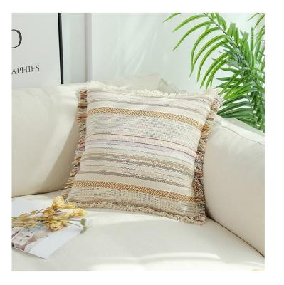 China Newest PORTABLE SS21 Latest Hand Made Fringe Beige Boho Morocco Style Cushions Colorful Striped Modern Home Decoration Tiles for sale