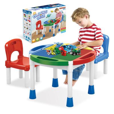 China Multifunctional Intellectual Development Toys Children's Study Compatible Table Building Blocks Game Table LEGOS With Chair for sale