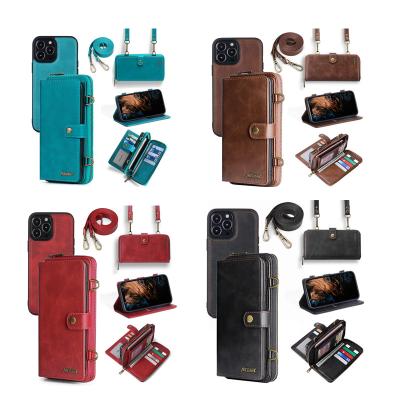 China Custom Anti-fall Wallet Luxury Leather Cell Phone Waterproof Case with Strap for iphone 13 pro max for sale