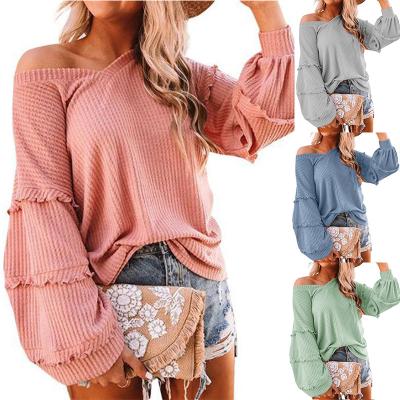 China New Fashion Women's Knitwear Sweater Casual Ribbed V-Neck Ruffled Lantern Sleeve Knitted Sweater Anti-wrinkle for sale