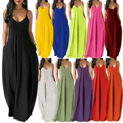 China New Arrivals Anti-Static 10 Colors Plus Size Summer V-Neck Pure Color Ladies Sleeveless Casual Sleeveless Maxi Dress Black for sale